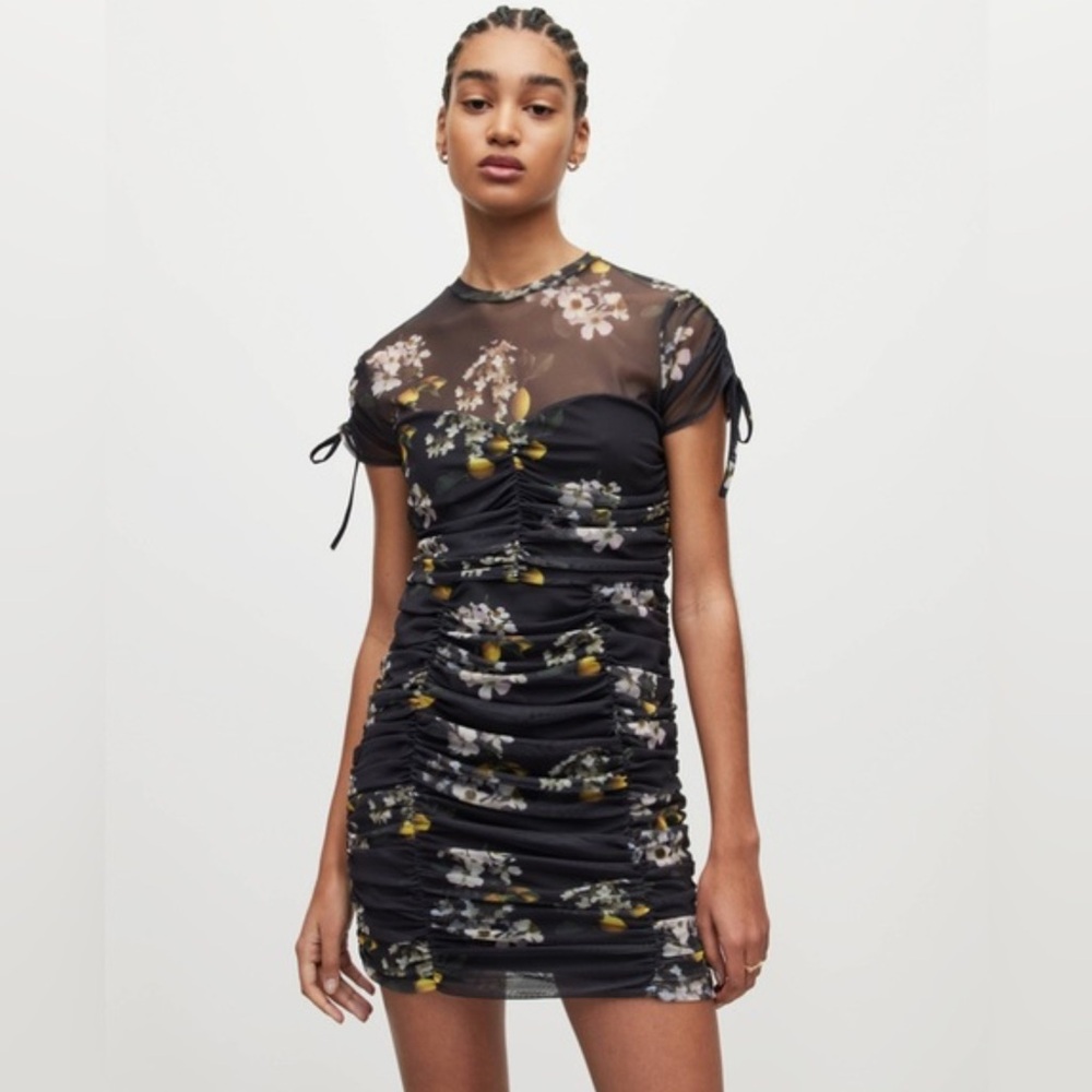 AllSaints‎ Giorgia Eugenia Mesh Ruched Mini Dress Black Floral Lemon